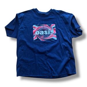 Oasis Navy Tee with Pink and Light Blue Swirl Logo